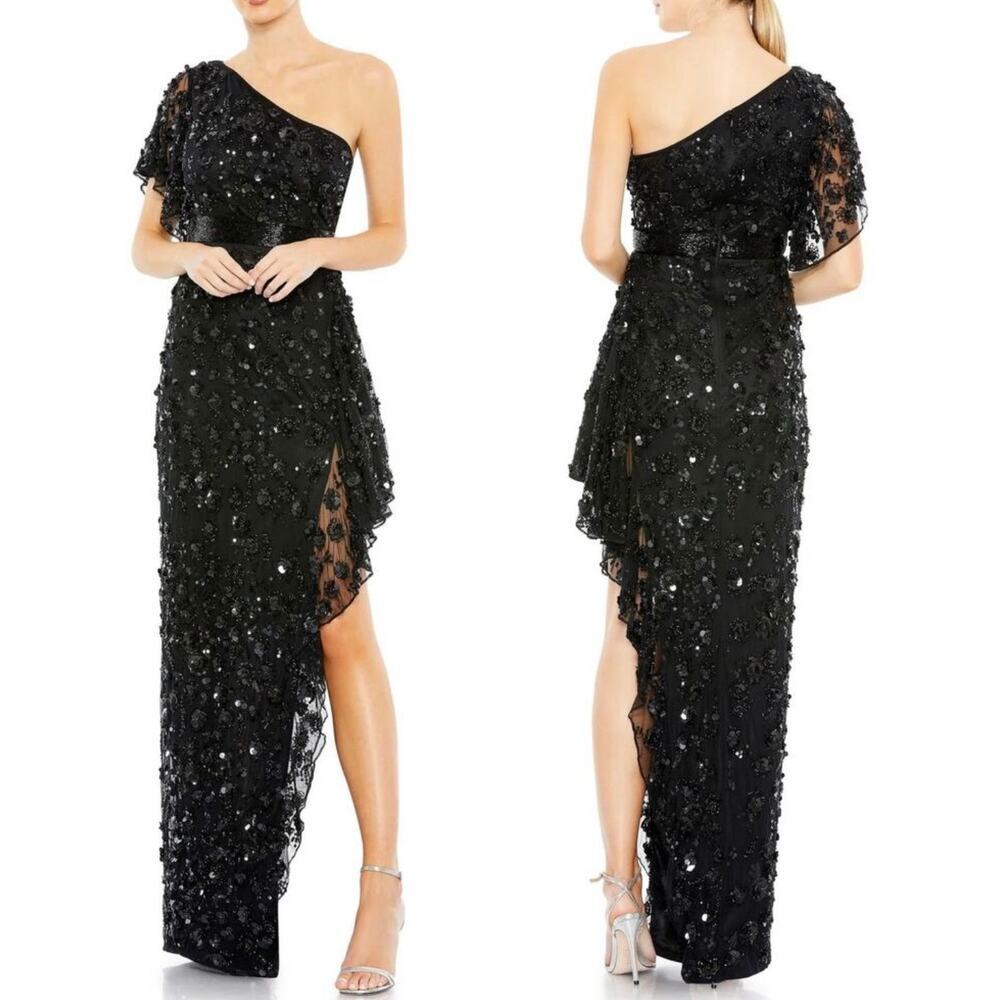 NWT Mac Duggal Black Beaded One Shoulder Gown 0 XS